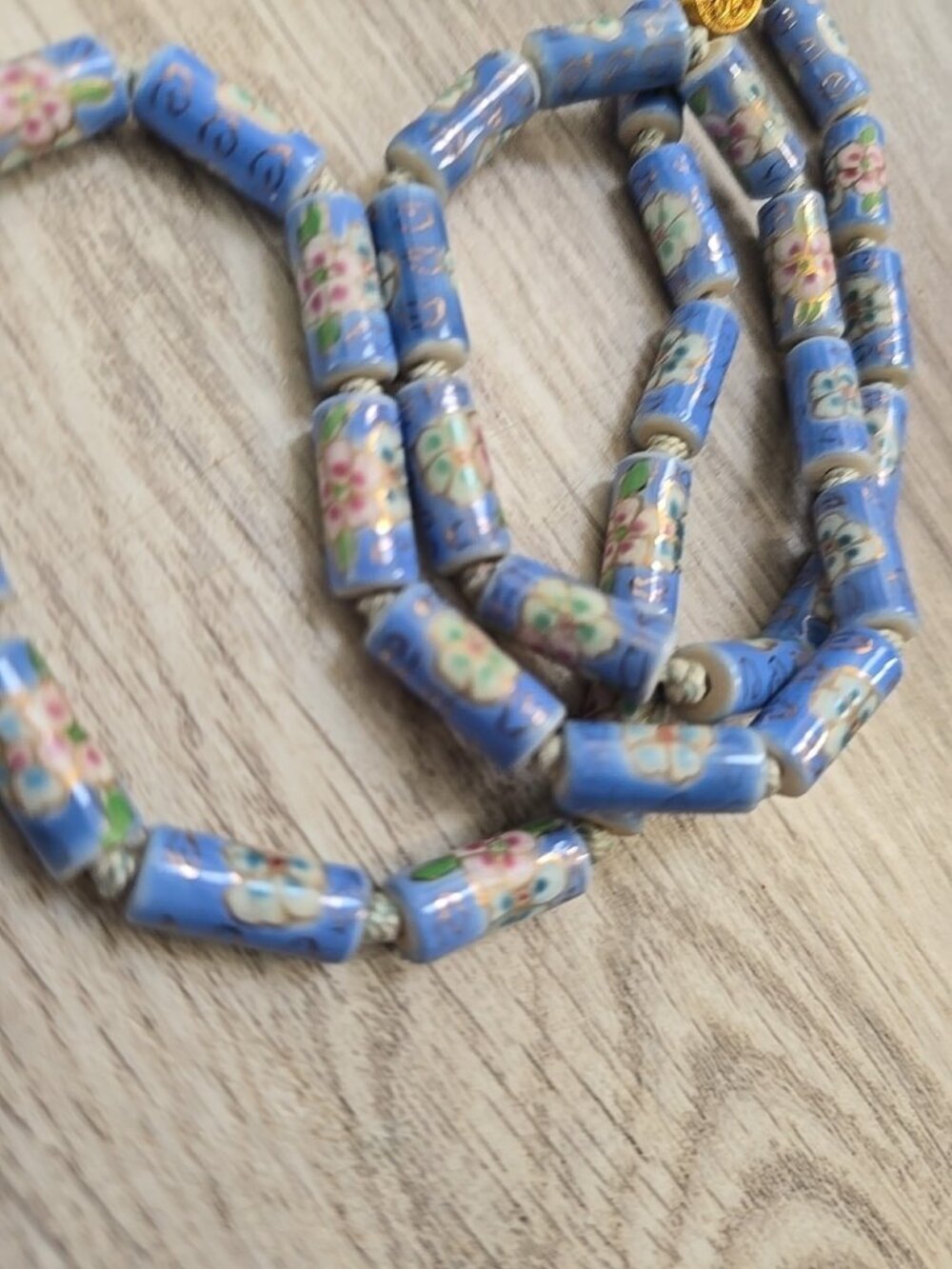 Vintage Chinese Porcelain Tube Floral  Blue Strand Necklace 12" Drop